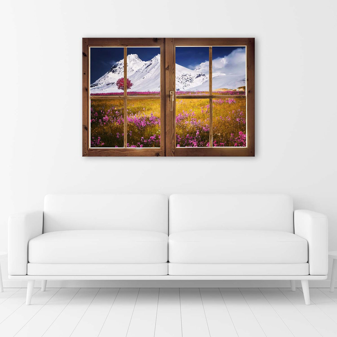 Leinwandbild Fenster Blick Blumen Natur Berg