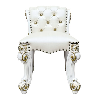 Tabouret de coiffeuse beige en similicuir sans accoudoirs, assise roulée à boutons avec garniture cloutée, hauteur de 28 pouces pour le tabouret de chambre à coucher en tissu à motif uni, rembourré et dossier, argent antique