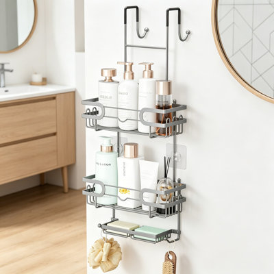 Serviteur de douche au-dessus de la porte avec porte-savon double, organisateur de douche suspendu à 3 niveaux avec 16 crochets, tablette de rangement en acier inoxydable antirouille pour porte de salle de bain