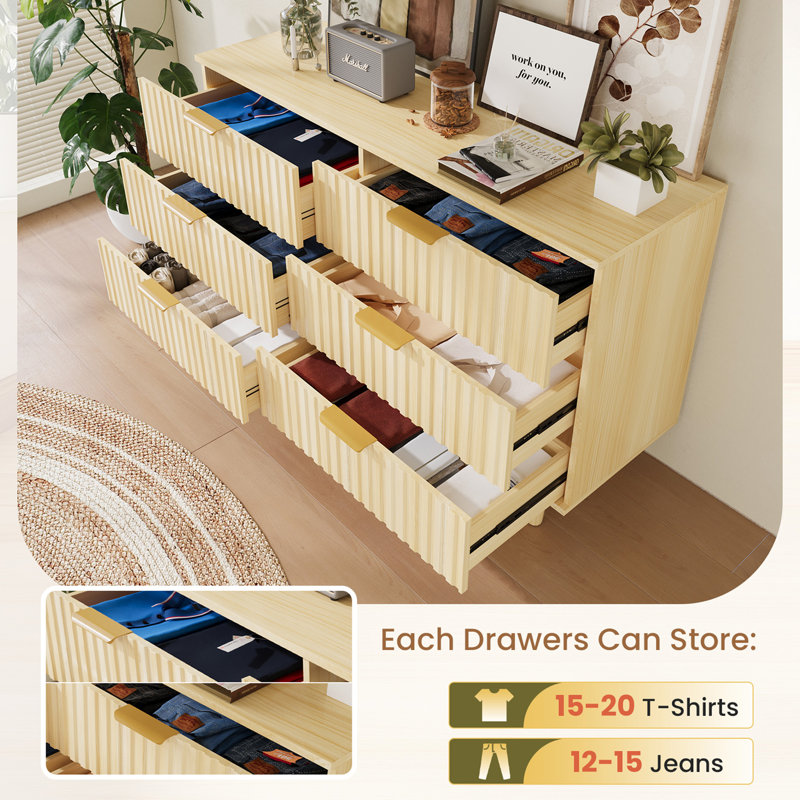 Commode 6 tiroirs pour chambre à coucher, commode en bois cannelée pour chambre d'enfant, chambre de bébé, entrée, naturel, l 47,24 po x P 14,96 po x H 33,06 po