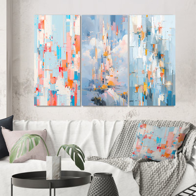 Blue Orange Interlocking Perspectives - Cubism Art Set Of 3 Pieces