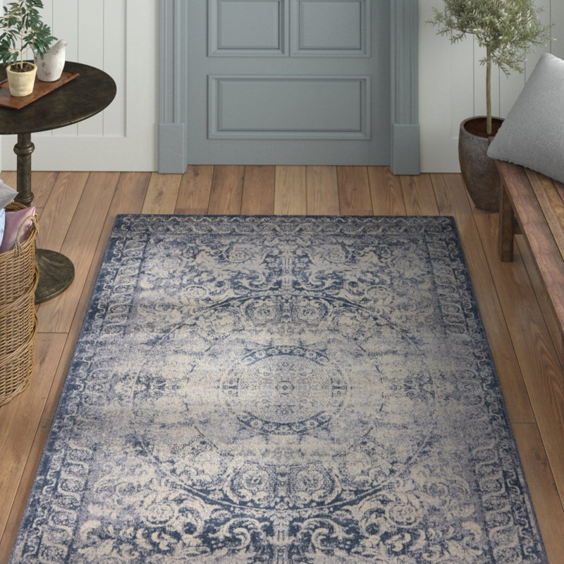 Tapis oriental bleu foncé / gris / ivoire Corah, Rectangle 7 pi 10 po x 10 pi