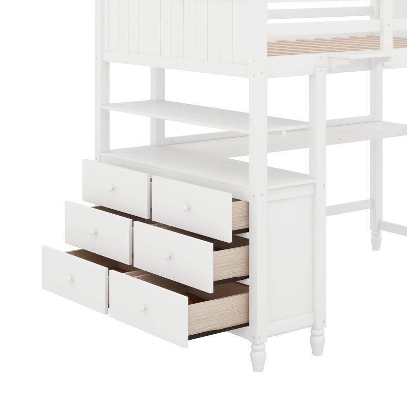 Lit mezzanine double avec bureau et tiroirs, lit mezzanine en bois avec tablettes, Blanc