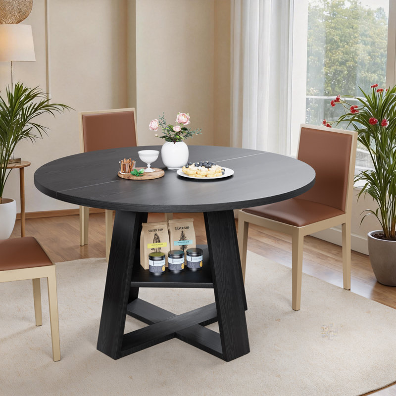 Table de salle à manger de 43 po pour 4 à 6 personnes, table de salle à manger avec tablette de rangement, plateau en grain de bois, pieds en bois robustes, tables de salle à manger peu encombrantes, tables de cuisine circulaires, noir