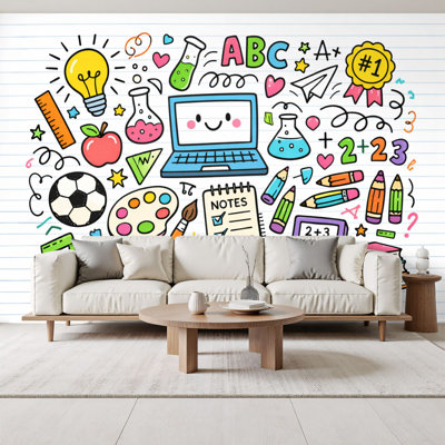 Kids Learning Peel and Stick Wallpaper for Classroom Colorful Education Learning Doodles Books Laptop Science Art Supplies Wall Murals 69"H x 96"W Removable PVC Wall Paper Self-Adhesive Wall Decor for Bedroom Nursery