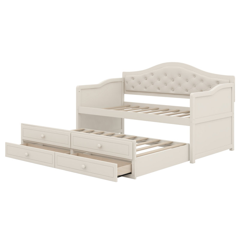 Daybed with Trundle, 2 Storage Drawers and Upholstered Button Tufted Backrest for Living Room, Bedroom and Guest Room, Beige