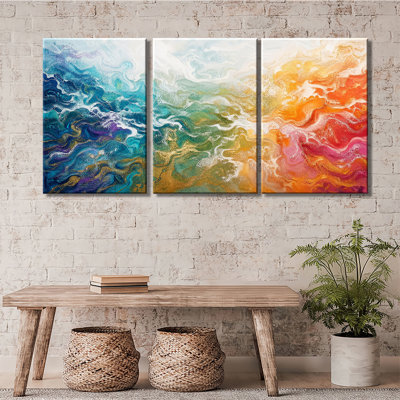 Rainbow Ocean Wave Fluid Gold Foil Abstract Wrapped Canvas Ready To Hang 3 Pieces Canvas Print Wall Art