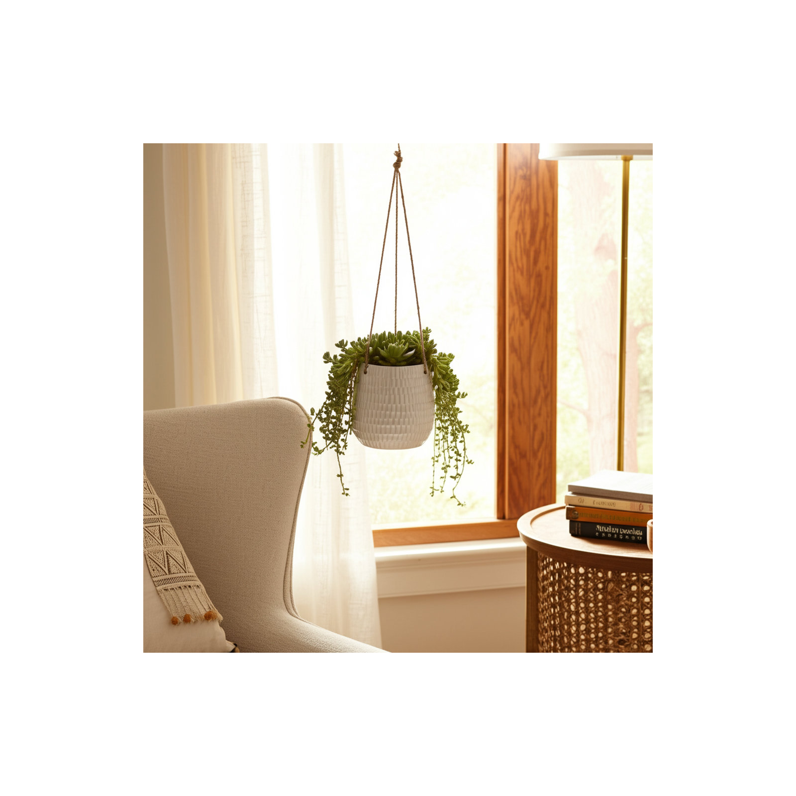 Rosaria Ceramic Hanging Planter, Dimpled White, 6.5" H x 7" W x 7" D