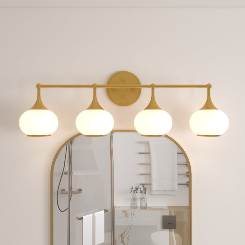 Dimmable Bathroom Wall Light with White Glass Shades, Antique Brass, 4, 27cm H x 81.9cm W x 18.9cm D 