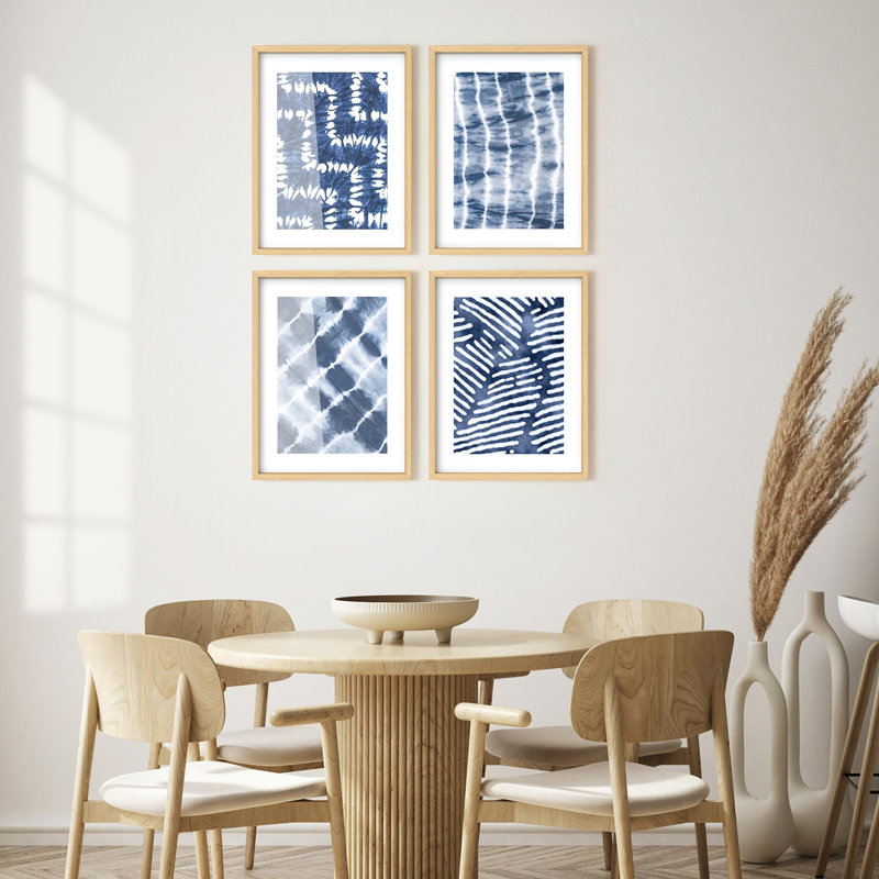 Art mural encadré, ensemble de décorations de galerie, motif indigo Shibori, illustrations japonaises de style Tie-Dye, art moderne chic et coloré pour le salon, la chambre à coucher, le bureau