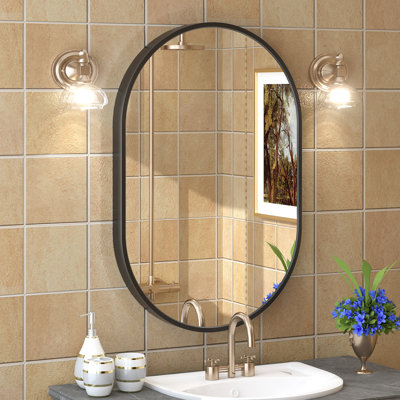 Amara Oval Tempered Glass and Aluminum Alloy Framed French Cleat Mounted Wall Mirror