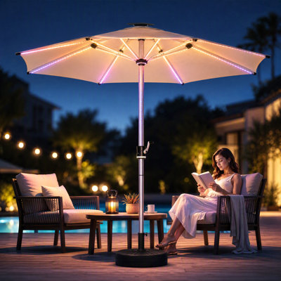 10FT Outdoor Solar Market Umbrella with Color-Changing RGB LED Lights, PU Coated Fabric Aluminum Patio Umbrella, USB & Type-C Charging, Crank Handle for Backyard Garden Commercial Deck & Courtyard Parties