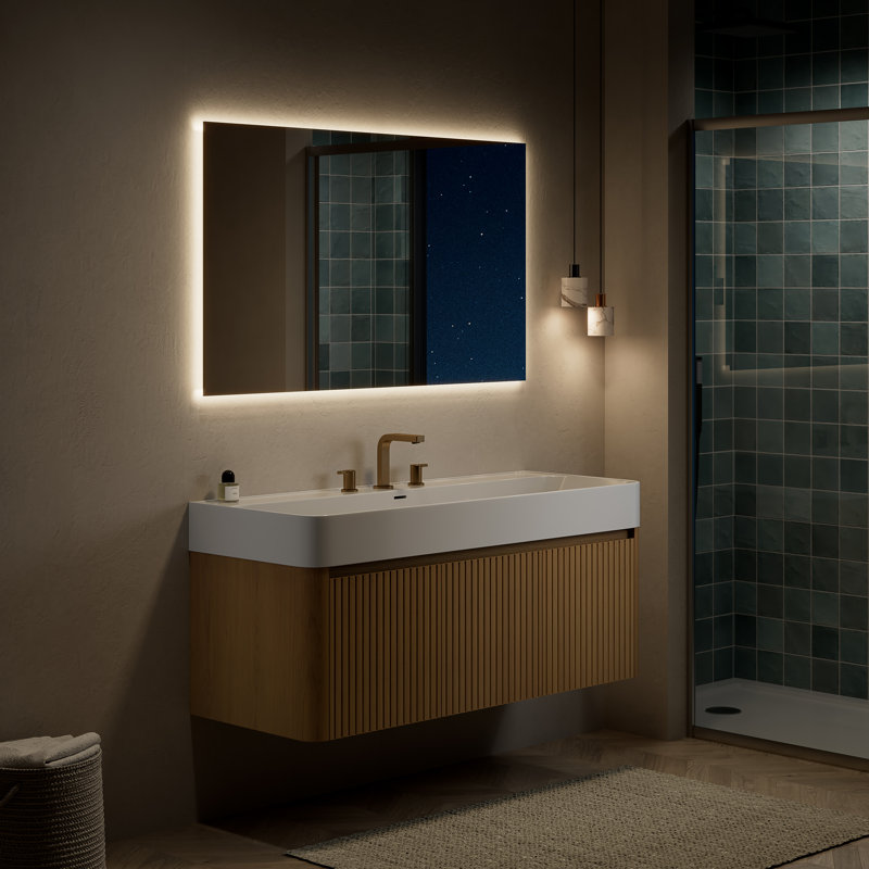 Meuble-lavabo mural cannelé 48 po, armoire de rangement flottante, lavabo intégré à surface solide avec 3 trous pré-percés pour robinet