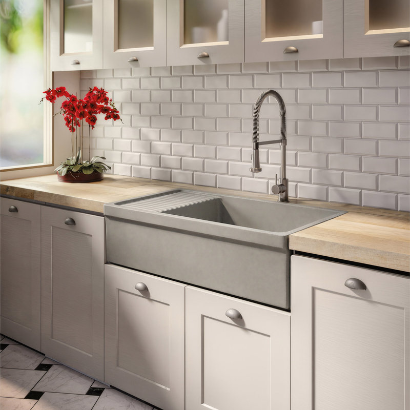 Fireclay Reversible Sink with Integral Drainboard and Decorative 2 ½" Lip on Both Sides, Matte Light Cement