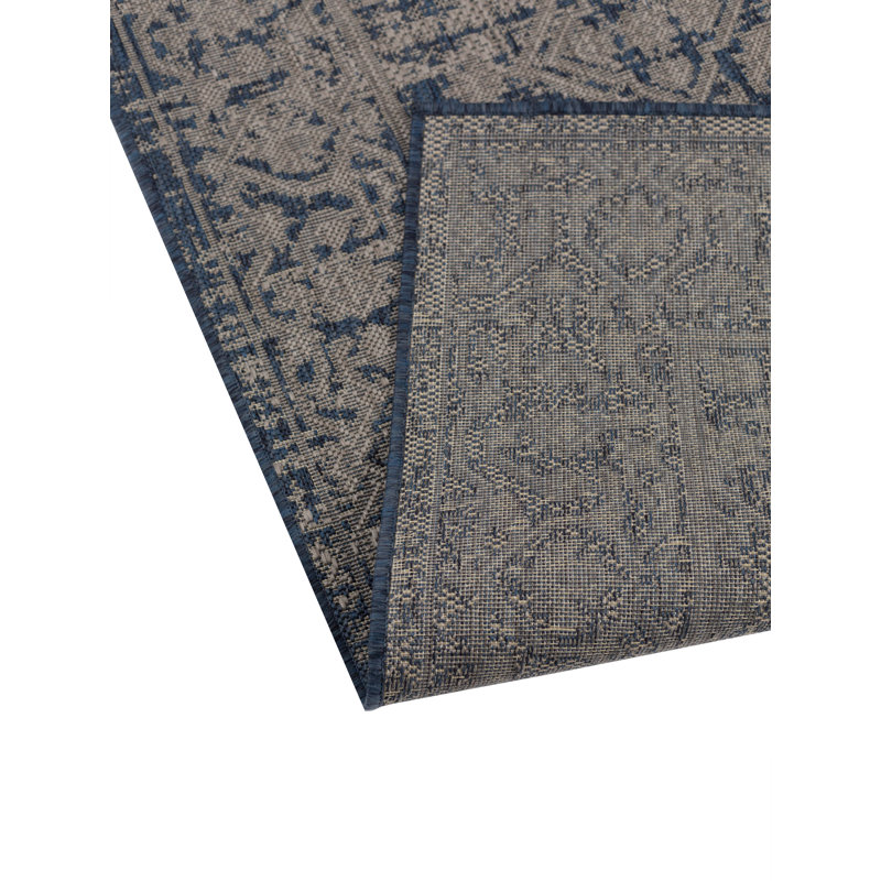 Tapis décoratif d’intérieur/d’extérieur bleu minuit/gris de style oriental wahkon, Rectangle 7 pi 10 po x 10 pi