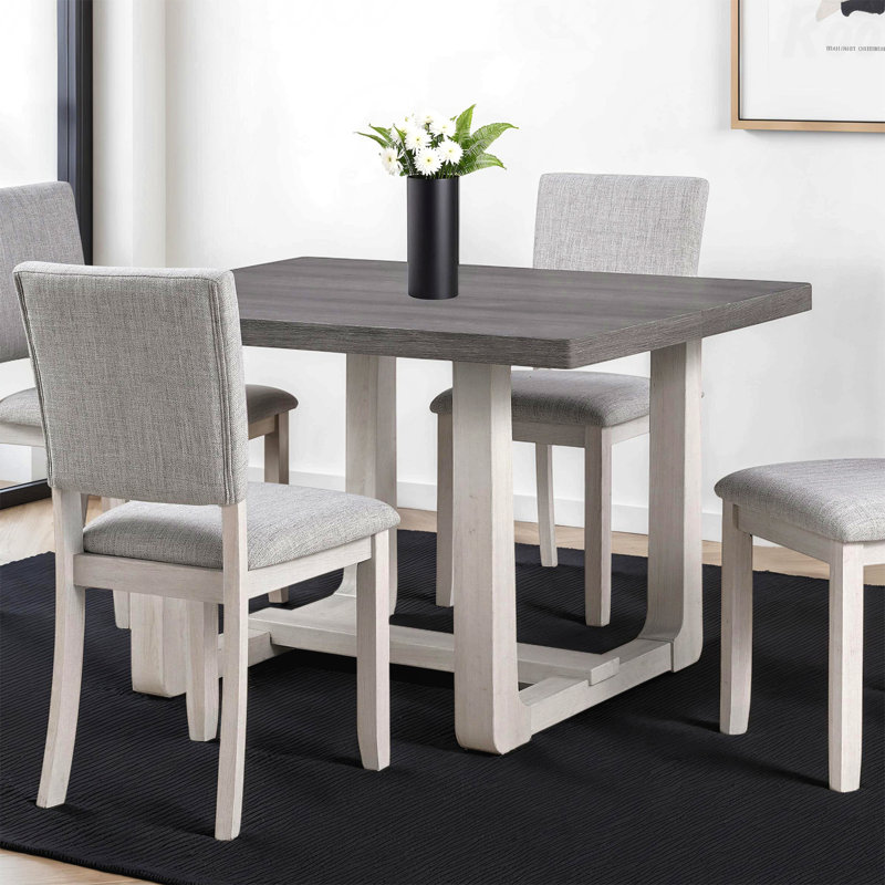 Transitional Dining Table Gray Wood Rectangle Trestle Base, Gray/Beige