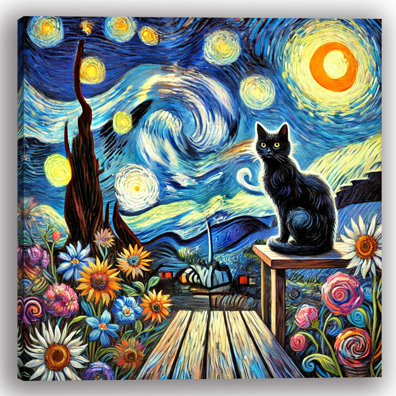 Nuit étoilée avec chat noir et fleurs sur toile tendue, H 12 po x l 12 po x P 1 po