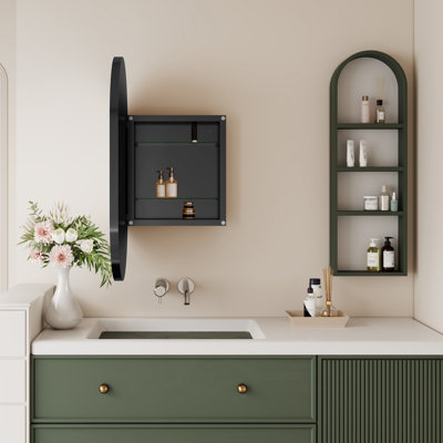 Armoire à pharmacie encastrée ovale 20 po x 34 po, armoire de salle de bain murale en métal avec miroir et tablettes réglables, miroir mural avec rangement pour salle de bain,