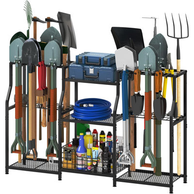 Support à outils de jardin robuste à 3 niveaux avec crochets, organisateur d'outils pour garage, remise de jardin, cour, sous-sol et pelouse