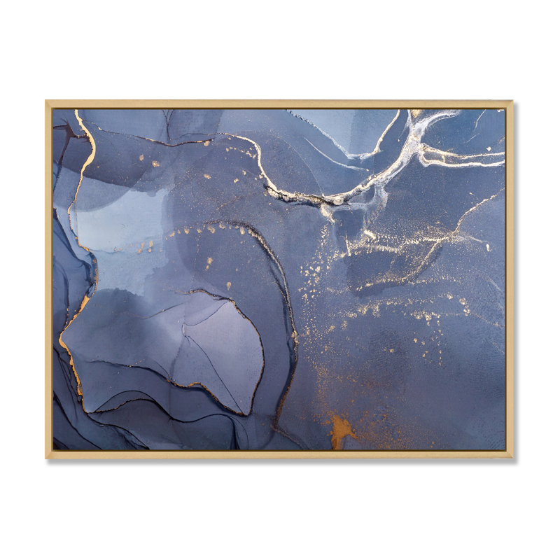 Encre liquide grise et bleue, art I - peinture sur toile, Toile avec cadre en érable, H 16 po x l 32 po