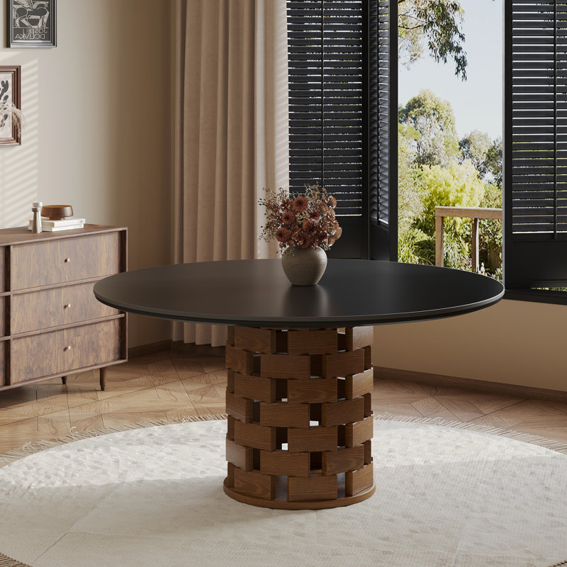 51'' Modern Round Dining Table, Black Sintered Stone Tabletop With Full Black Board, Solid Wood Pedestal Base For Dining Room