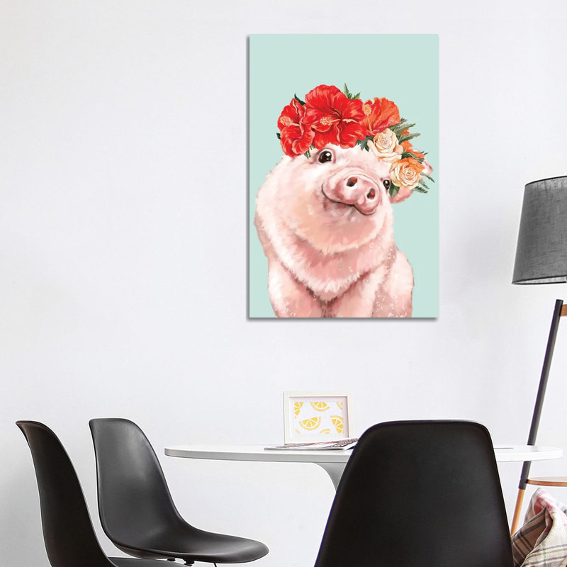 Baby Pig With Hawaiian Flower Crown In Green 1 Piece Wall Art on Canvas, 101.6 cm H x 66.04 cm W, Wrapped Canvas