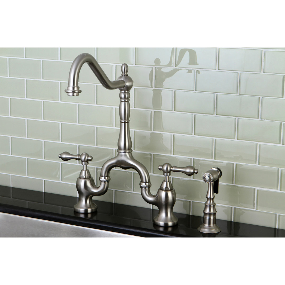 Kingston Brass English Country Two-Handle 3-Hole Deck Mount Bridge Kitchen Faucet with Brass Side Sprayer Kingston Brass 