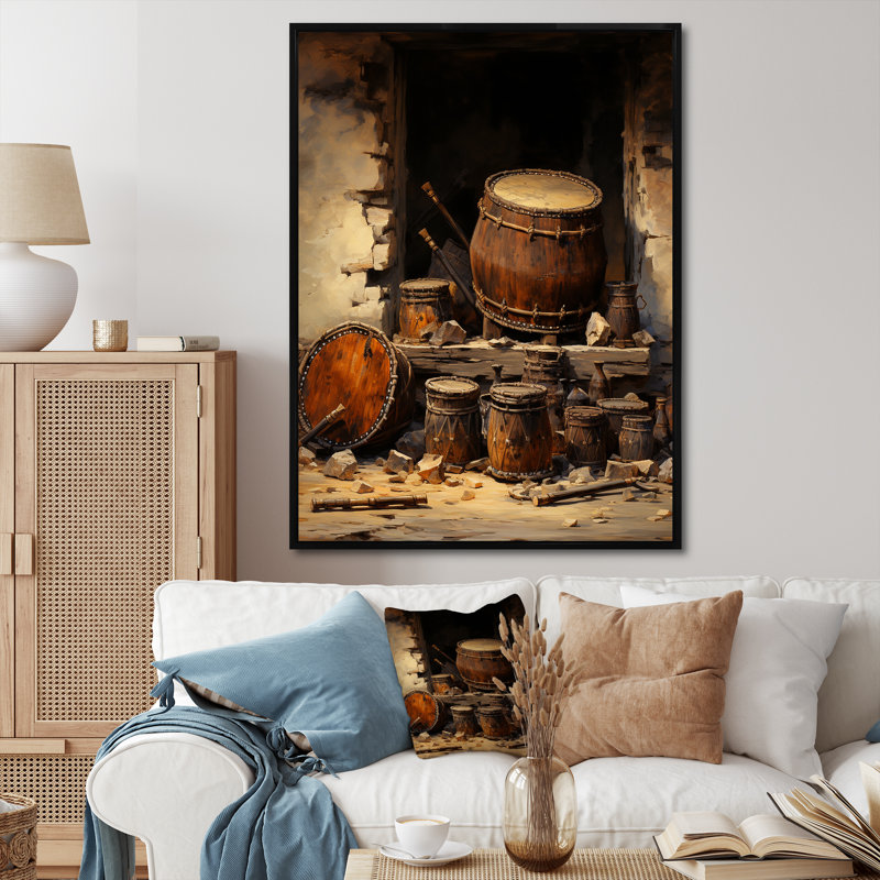 «Brown Music Drums», rythmique Revicat II - musique, art mural, Cadre flottant noir, H 20 po x l 12 po