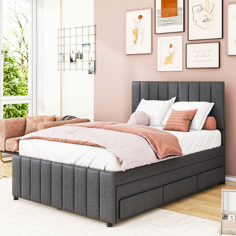 Lit plateforme tapissier avec lit gigogne et 3 tiroirs, Gris, Double