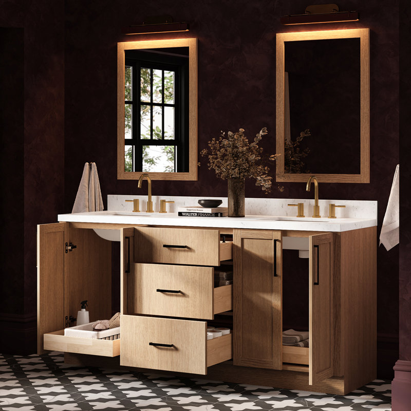 Meuble-lavabo double rectangulaire de 183 cm (72 po) avec comptoir en quartz blanc de Carrare de 3,8 cm (1,5 po) d'épaisseur, fini chêne naturel