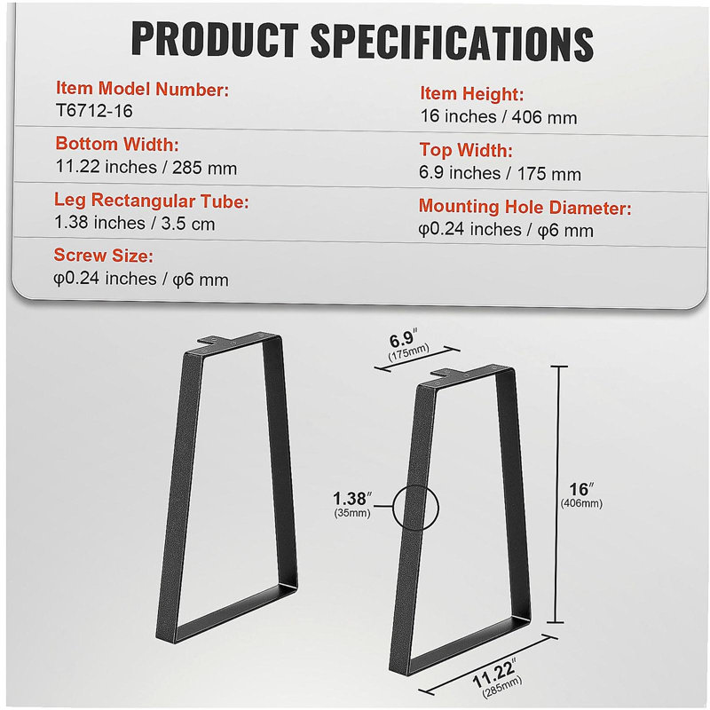 16 inch Trapezoid Steel Table Legs, Replacement Furniture Legs Set of 2 for DIY Coffee Tables, Modern Desks, Bench, Night Stands, Sofa, Max Load 400 lbs Heavy Duty, Quick Instalation Legs Black