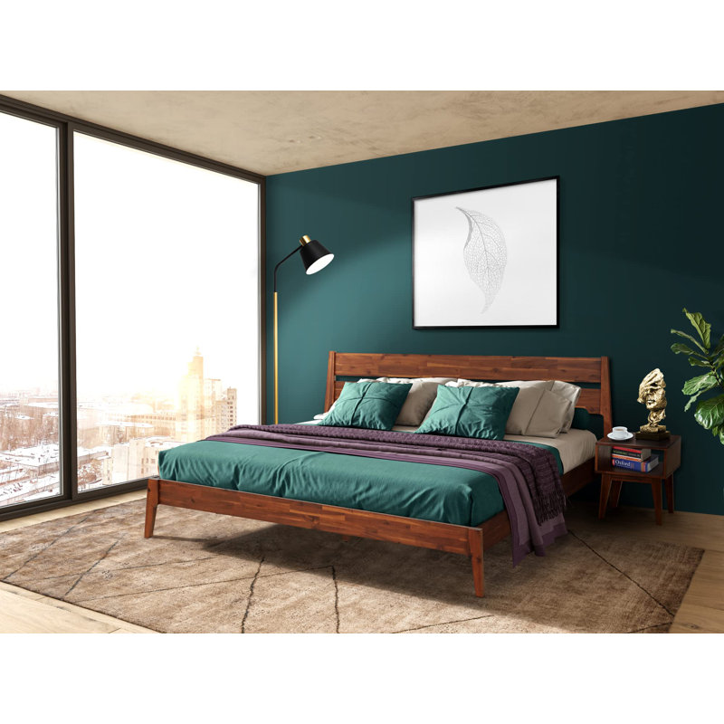 2-Pcs Bedroom Set – Solid Wood Platform Bed Frame & Matching Nightstand, Mid-Century Modern Scandinavian, 800 lbs Capacity, No Box Spring Needed