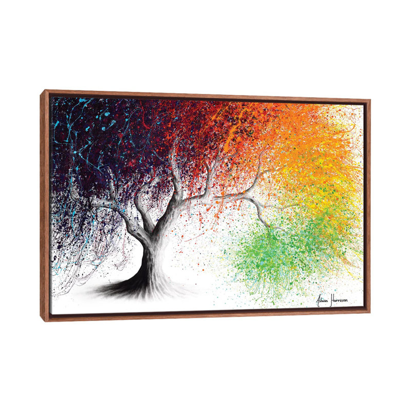 «Rainbow Season Tree» par Ashvin Harrison - impression, H 32 po x l 48 po x 1,5 po, Toile avec cadre en bois brun classique