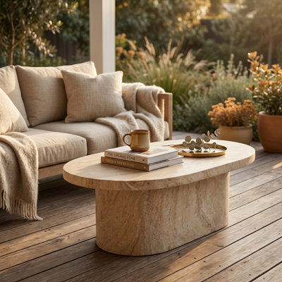 Table basse ovale moderne Laura en fibre de pierre, sur pied, pour salon et terrasse