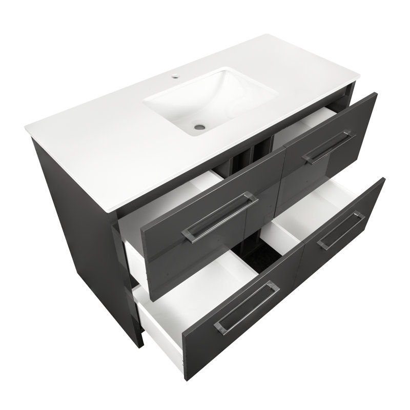 Meuble-lavabo de 48 po avec plateau en pierre reconstituée blanche et lavabo en céramique SCOTTY, Gris