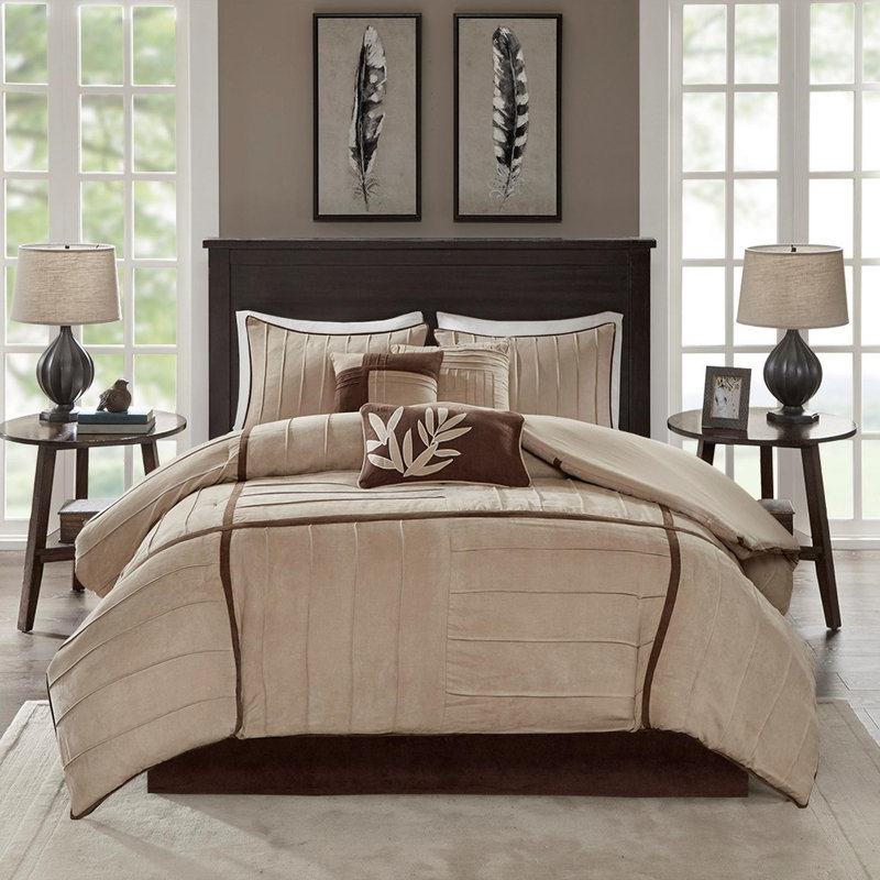 Ensemble d'édredon en faux suède 7 pièces, Beige, Édredon très grand californien + 6 pièces suppl