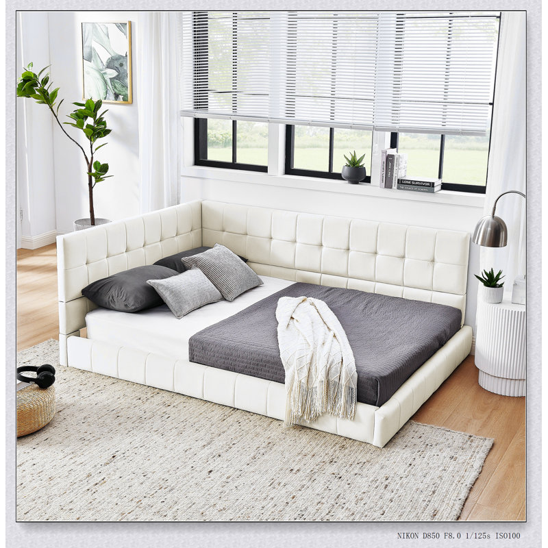 Upholstered Tufted Bed Frame, Sofa Bed Frame With Backrest And Armrests, Beige