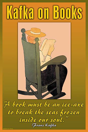 « kafka on books » par wilbur pierce, affiche rétro, H 30 po x l 20 po x P 1,5 po