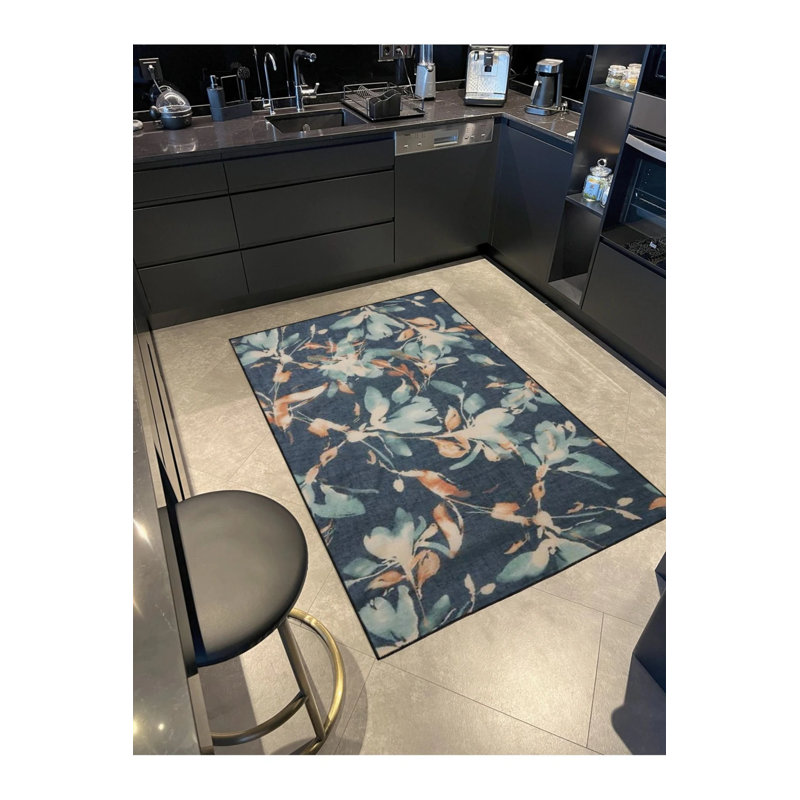 Blue Leaf Washable Cotton Multicolored Decorative Rug, Rectangle 4'8" x 6'7"