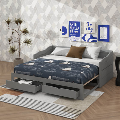Wooden Twin Daybed With Pull-Out Trundle Bed And Dual Storage Drawers, Expandable Daybed Design