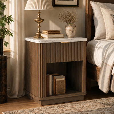 Table de chevet 1 pièce en noyer, cannelure avec tiroir et tablette en noyer, l 18,9 po x P 13,8 po x H 22,7 po, noyer, plateau en faux marbre et poignée dorée