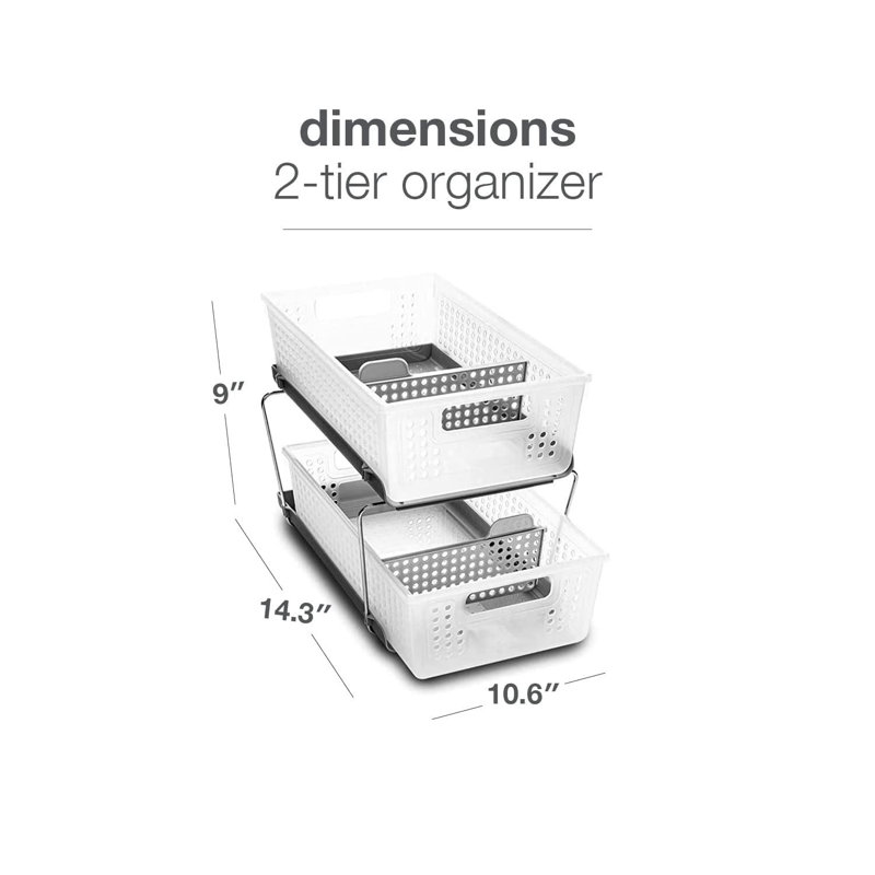 2-Tier Organizer, Multi-Purpose Slide-Out Storage Baskets With Handles And Dividers, Frost