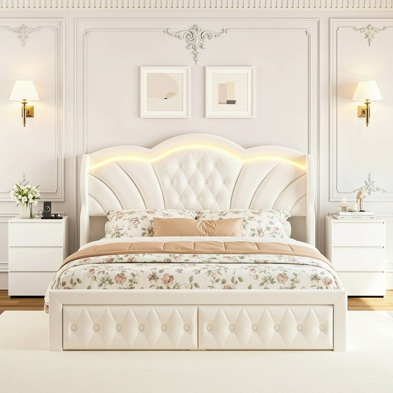 ON SALE 3-Piece Bedroom Sets, Velvet Upholstered Wingback Bed With LED Headboard And Storage Drawers, 2 3-Drawer Nightstands With Charging Port