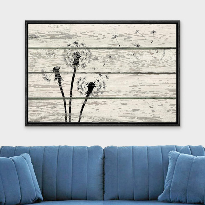 Windy, noir et blanc, silhouette de pissenlit, fleurs naturelles, effet de bois, panneaux, illustrations, rustique