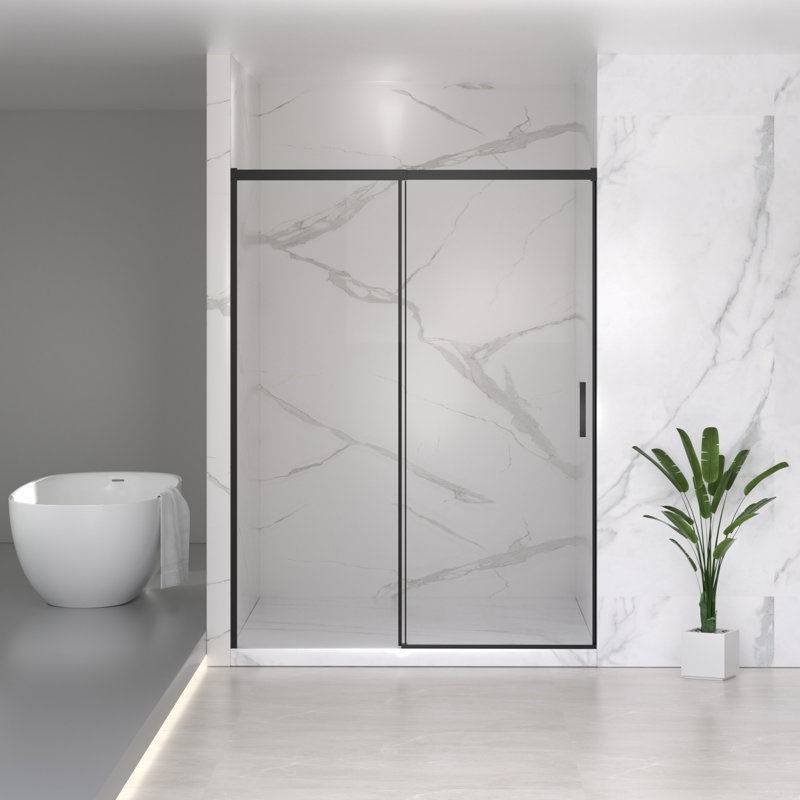56-60" W X 74" H Semi-Frameless Sliding Shower Door, 1/4" (6Mm) Clear SGCC Tempered Glass, Matte Black Finished, Adjustable Width – No Cutting Required