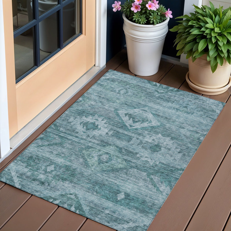 3' X 5' Teal Blue And Aqua Southwestern Washable Indoor Outdoor Area Rug