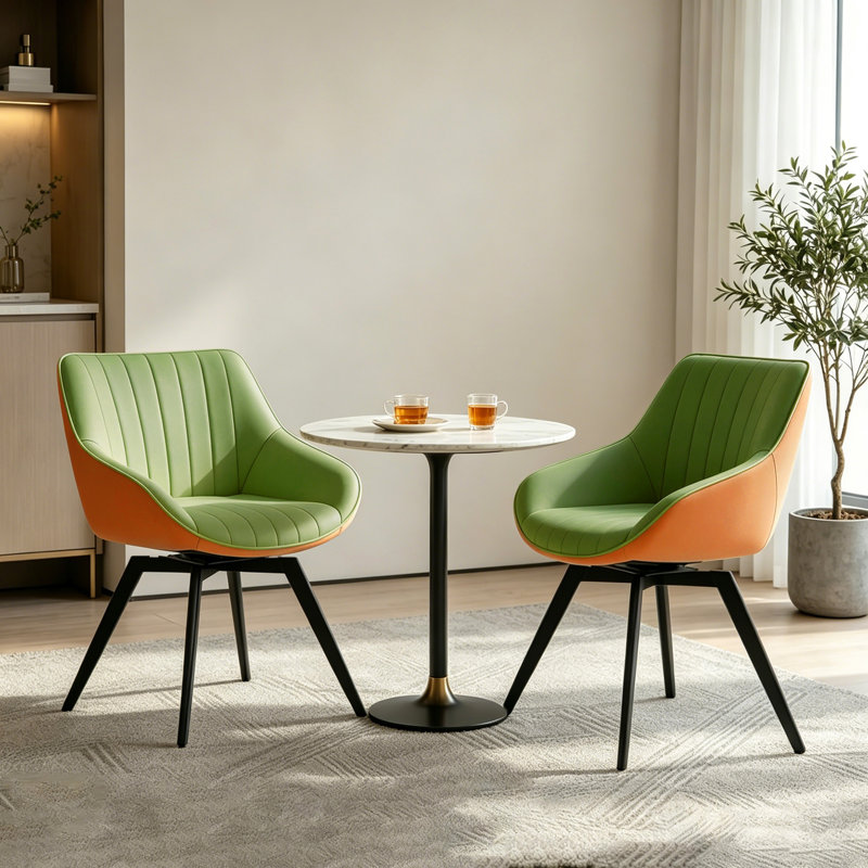 Set Of 2 Modern Faux Leather Swivel Dining Chairs, Upholstered Side Chairs For Kitchen & Living Room, Green