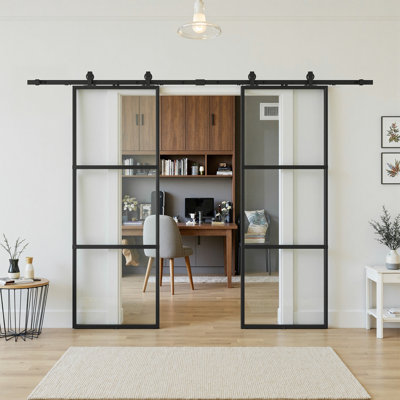 Metal And Glass Sliding Double Barn Doors With Installation Hardware Kit ( Soft-Close Included)
