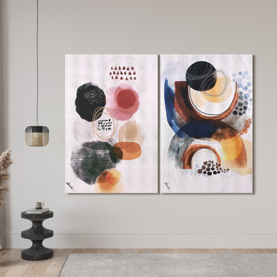 "Colorful Harmony I & II", Colorful Abstract Rendered on Silver Shagreen Wrapped Canvas Wall Art Set