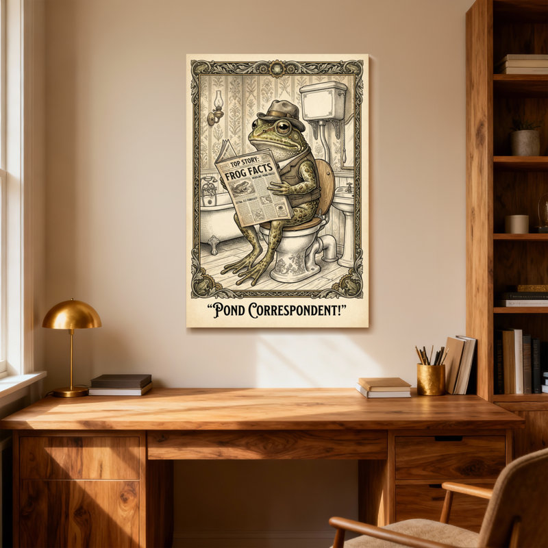 Bath & Laundry Frog Reading Newspaper On Toilet, 40" H x 28" W